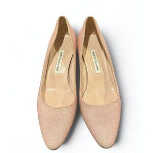 Manolo Blahnik “Okkato” Glitter Block-Heel Pumps — Champagne Pink, Size 9.5